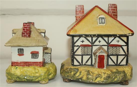 Two Staffordshire pearlware cottage pastille burners and covers, c.1820, height 8.5 - 11.5cm, largest with repairs